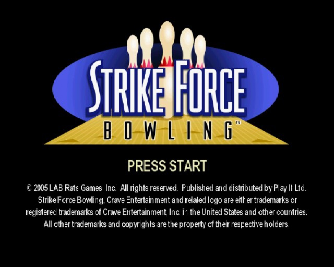 Strike Force Bowling – PlayStation 2 (PS2) video game title screen, sports bowling simulation.