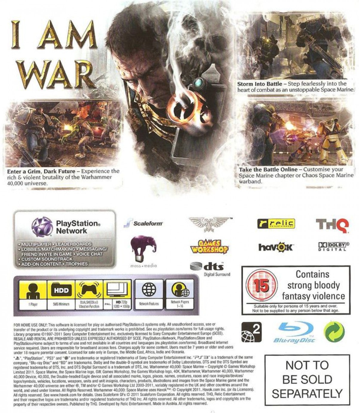 Warhammer 40 000 Space Marine PlayStation 3 PS3 video game featuring third person action shooter gameplay Space Marine combat Ultramarines battles Ork enemies weapon attacks melee combat futuristic war environments campaign missions and classic PlayStation 3 gameplay retro video game collection collectible gaming appeal back cover art