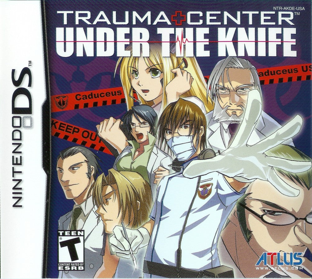 Trauma Center Under the Knife Nintendo DS for medical simulation video game fans featuring surgical procedures touch screen controls fast paced operations dramatic storytelling precision gameplay challenging diagnoses anime inspired visuals Atlus adventure collectible gaming appeal front cover art