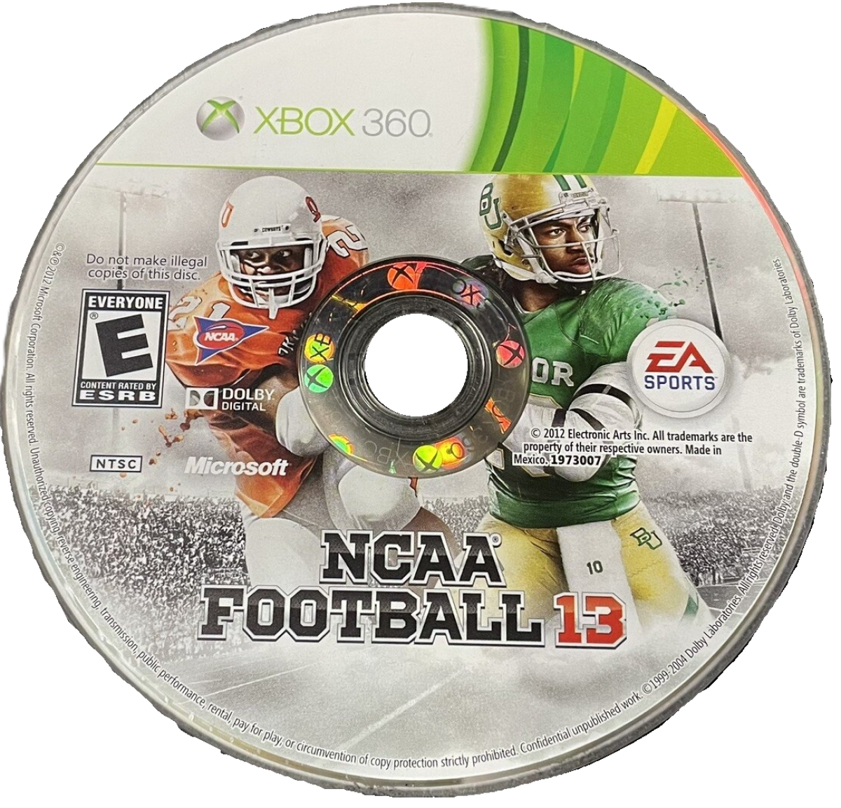 NCAA Football 13 Xbox 360 X360 video game featuring college football sports simulation gameplay NCAA college teams and players offensive play calling passing plays rushing attacks defensive strategies touchdown scoring college stadiums dynasty mode recruiting challenges Road to Glory career mode and classic Xbox 360 college football action retro video game collection collectible gaming appeal disc