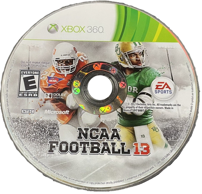 NCAA Football 13 Xbox 360 X360 video game featuring college football sports simulation gameplay NCAA college teams and players offensive play calling passing plays rushing attacks defensive strategies touchdown scoring college stadiums dynasty mode recruiting challenges Road to Glory career mode and classic Xbox 360 college football action retro video game collection collectible gaming appeal disc