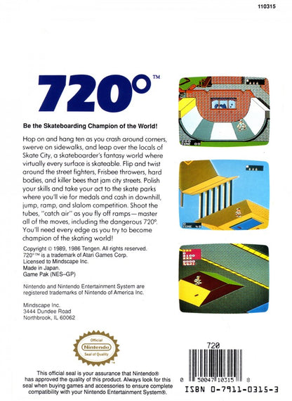 720° cartridge for the Nintendo Entertainment System featuring 8 bit skateboarding action with tricks ramps and high score challenges across urban skate parks back cover