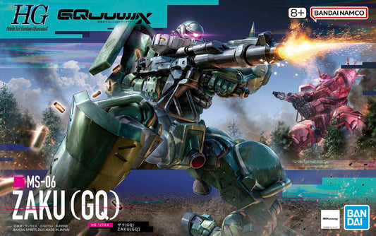 HG Zaku GQ Model Kit featuring High Grade Gunpla construction detailed mechanical design articulated poseable model snap together assembly color separated parts customizable display piece and collectible anime model building appeal box art  