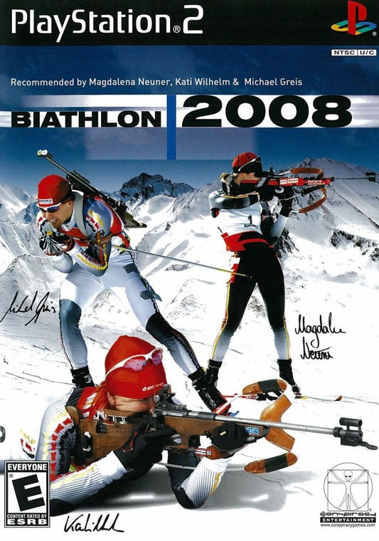 Biathlon 2008 for PlayStation 2 with winter sports shooting and skiing theme cover art