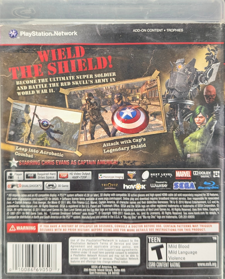 Captain America Super Soldier CIB PlayStation 3 PS3 video game featuring superhero action adventure gameplay Captain America shield combat enemy battles Hydra forces stealth takedowns shield throwing attacks acrobatic moves World War II settings cinematic missions and Marvel superhero storyline complete in box CIB edition retro video game collection collectible gaming appeal back cover