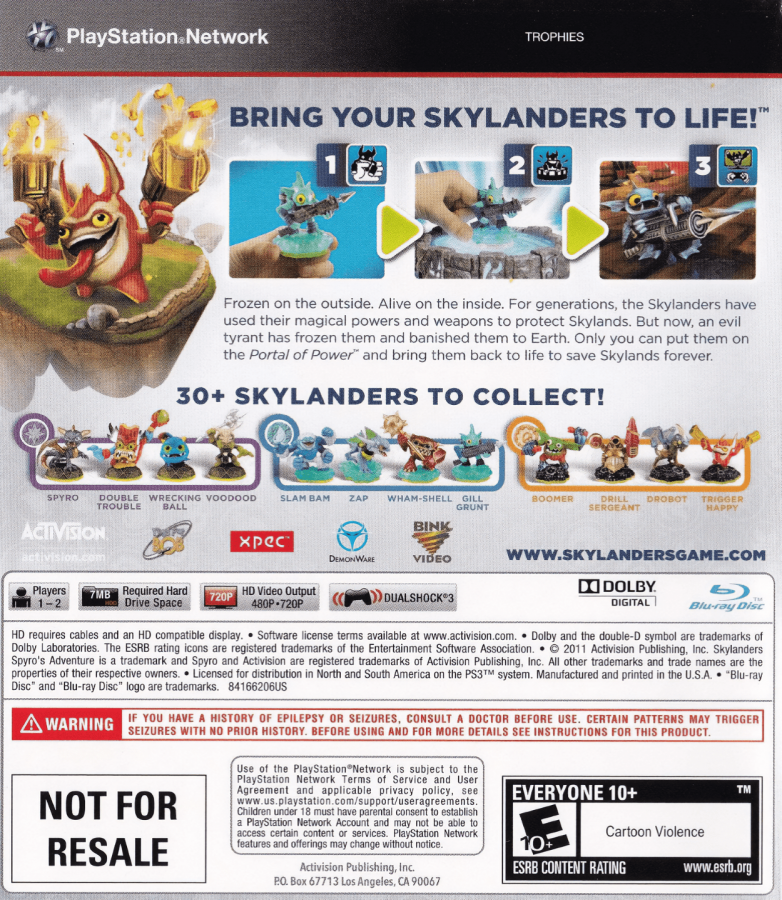 Skylanders: Spyro's Adventure back cover art for PlayStation 3 (PS3) video game