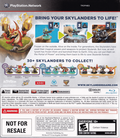 Skylanders: Spyro's Adventure back cover art for PlayStation 3 (PS3) video game