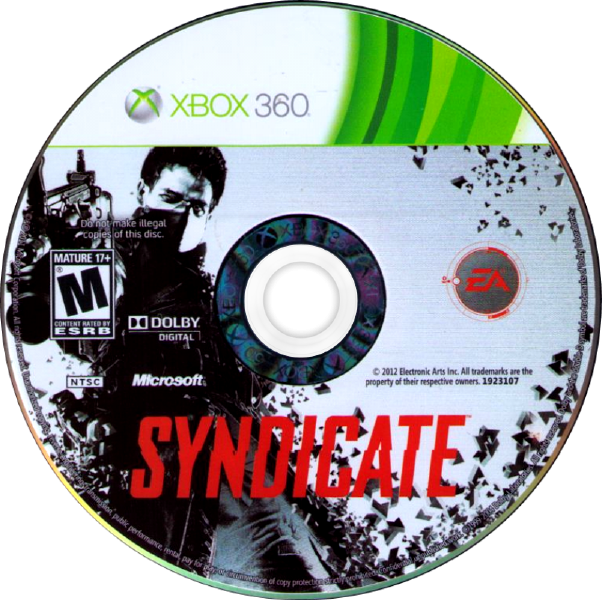 Syndicate Xbox 360 inspired design featuring cyberpunk first person shooter aesthetic futuristic corporate warfare neural chip enhancements high tech dystopian action sci fi combat sleek industrial environments nostalgic EA action presentation disc