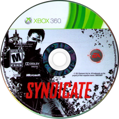 Syndicate Xbox 360 inspired design featuring cyberpunk first person shooter aesthetic futuristic corporate warfare neural chip enhancements high tech dystopian action sci fi combat sleek industrial environments nostalgic EA action presentation disc