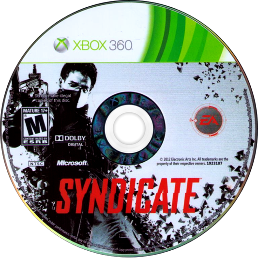 Syndicate Xbox 360 inspired design featuring cyberpunk first person shooter aesthetic futuristic corporate warfare neural chip enhancements high tech dystopian action sci fi combat sleek industrial environments nostalgic EA action presentation disc