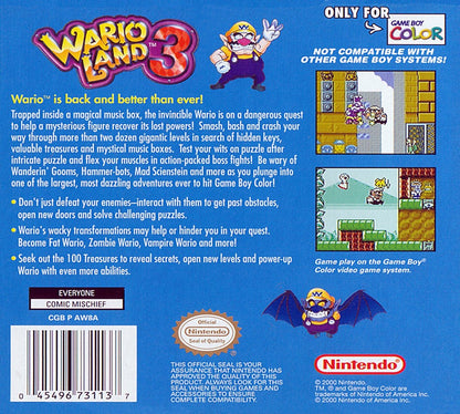 Retro Wario Land 3 Game Boy Color inspired design featuring classic Nintendo platform adventure aesthetic colorful treasure hunting gameplay quirky cartoon style side scrolling action puzzle exploration nostalgic handheld gaming presentation box back