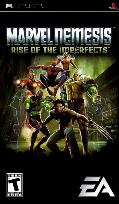 Marvel Nemesis: Rise of the Imperfects for PlayStation Portable (PSP) featuring a gritty superhero brawler where Marvel icons like Spider-Man and Wolverine face off against a powerful new team of alien-enhanced warriors; engage in brutal, environment-smashing combat across destructible arenas and uncover the sinister plot of the Imperfects in this dark, high-stakes expansion of the Marvel Universe optimized for handheld play front cover