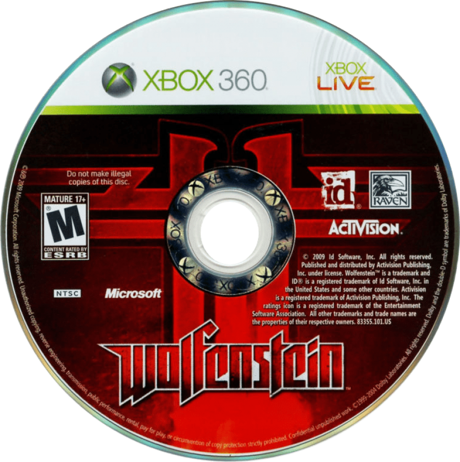 Wolfenstein disc for Xbox 360 (X360) sci-fi first-person shooter video game