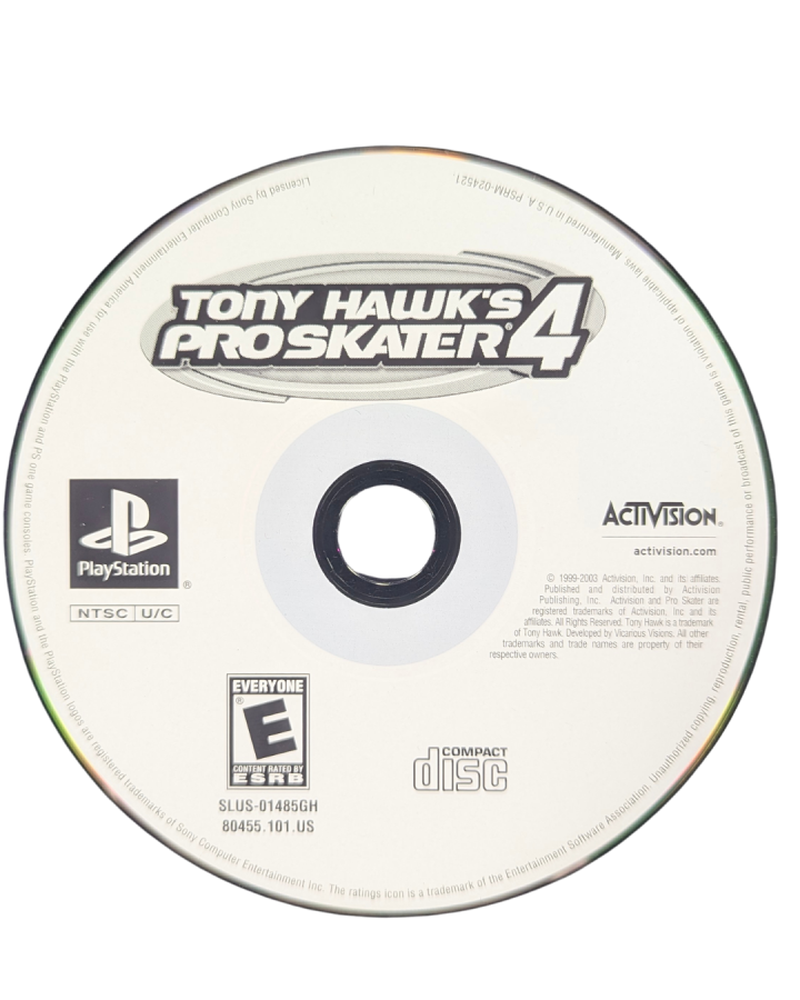 Tony Hawk’s Pro Skater 4 [Greatest Hits] disc art PlayStation 1 PS1 video game, skateboarding sports action, trick-based gameplay, extreme sports classic
