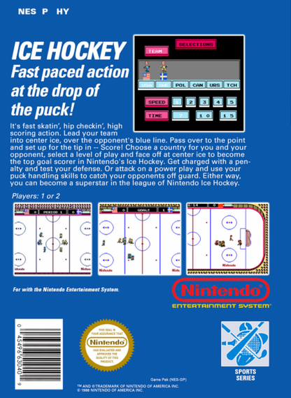 Ice Hockey back of box for Nintendo Entertainment System (NES) retro video game