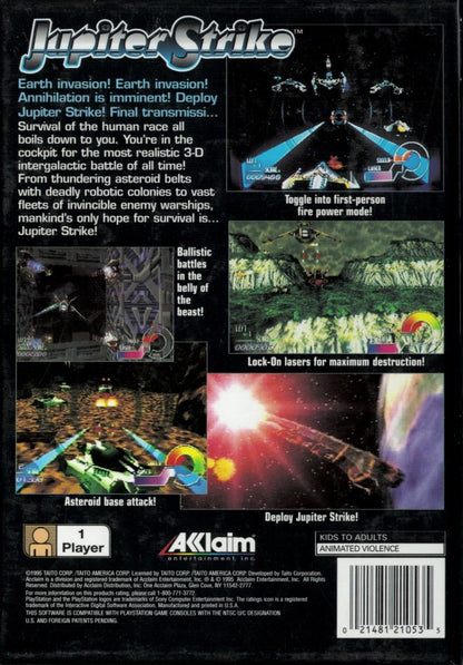 Jupiter Strike PS1 PlayStation 1 space shooter rail shooter arcade style space combat sci fi dogfighting retro video game back of case