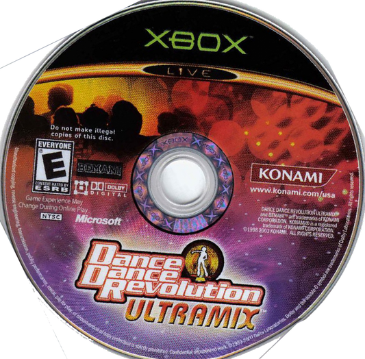 Xbox game disc for 'Dance Dance Revolution Ultramix' with Xbox and Konami branding.