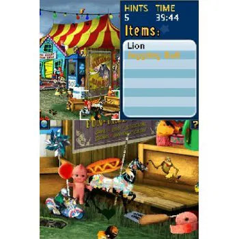 Yard Sale Hidden Treasures Sunnyville game for the Nintendo DS featuring hidden object gameplay where players explore yard sale scenes in the town of Sunnyville searching for items completing puzzles and using found objects to decorate and upgrade a home in a light story driven progression system gameplay