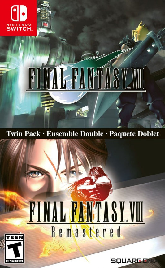 Final Fantasy VII and VIII Remastered Twin Pack Nintendo Switch inspired design featuring classic JRPG adventure collection aesthetic iconic characters epic turn based combat enhanced visuals deep emotional storytelling sprawling worlds and legendary fantasy sci fi journeys presentation front cover