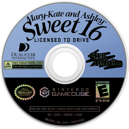 Mary-Kate and Ashley Sweet 16 Licensed to Drive disc for Nintendo GameCube (GC) video game.