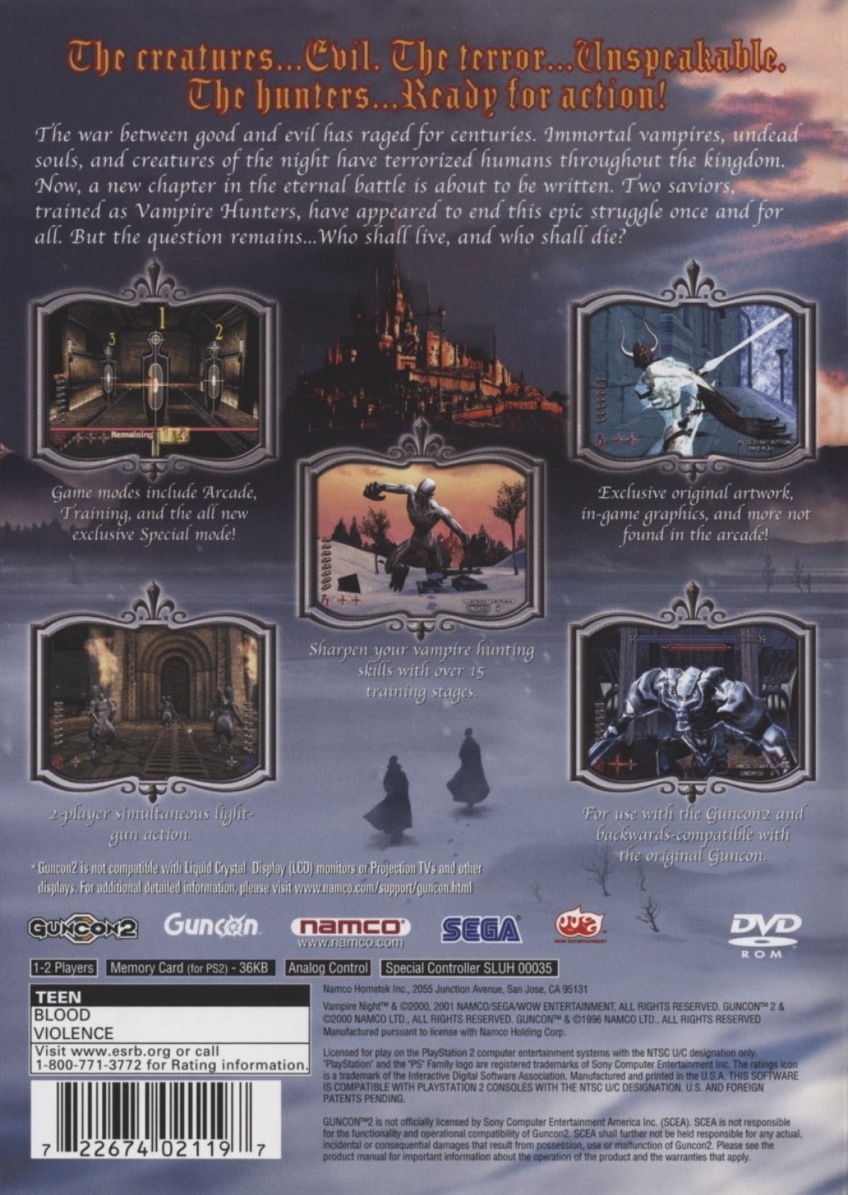 Vampire Night PS2 Sony PlayStation 2 arcade light gun shooter Namco rail shooter GunCon compatible vampire hunting combat gothic horror setting fast paced shooting stages co op arcade gameplay retro gaming PlayStation 2 software video game title back cover art