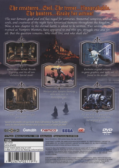 Vampire Night PS2 Sony PlayStation 2 arcade light gun shooter Namco rail shooter GunCon compatible vampire hunting combat gothic horror setting fast paced shooting stages co op arcade gameplay retro gaming PlayStation 2 software video game title back cover art