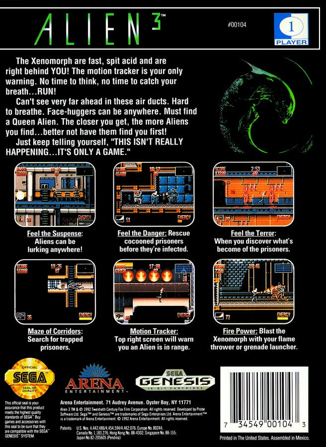 Alien 3 Sega Genesis retro video game action platformer back of case (1993)