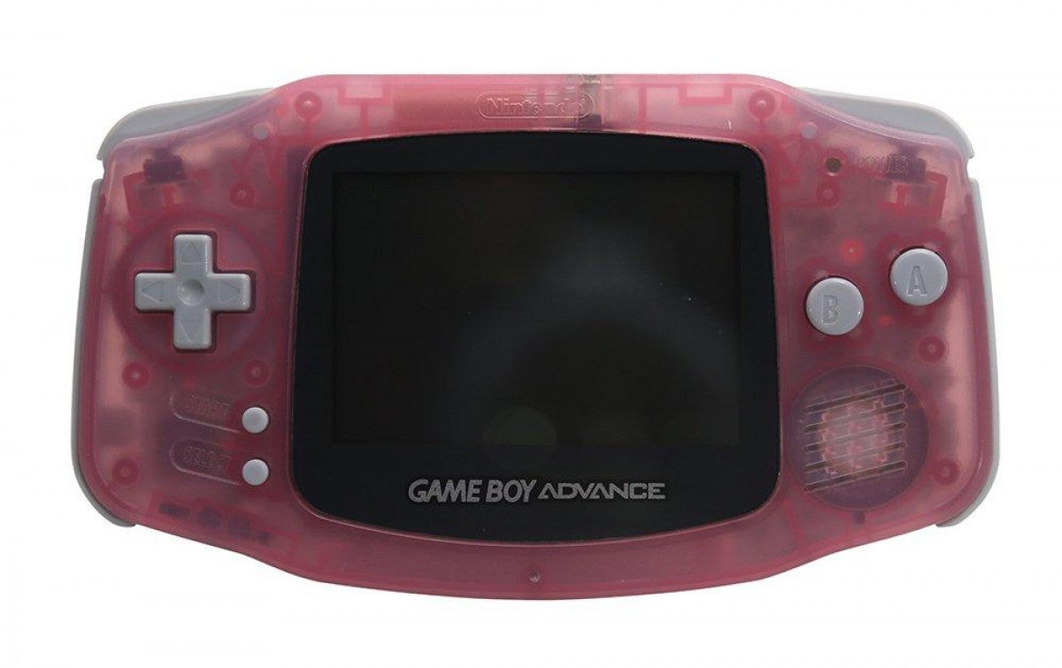 Retro IPS modded fuchsia Game Boy Advance inspired design featuring custom handheld gaming console aesthetic vibrant pink shell backlit IPS display upgraded portable Nintendo hardware nostalgic early 2000s retro gaming presentation head on