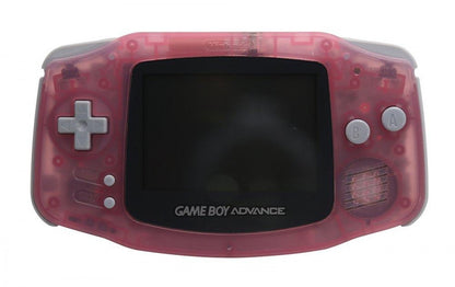 Retro IPS modded fuchsia Game Boy Advance inspired design featuring custom handheld gaming console aesthetic vibrant pink shell backlit IPS display upgraded portable Nintendo hardware nostalgic early 2000s retro gaming presentation head on