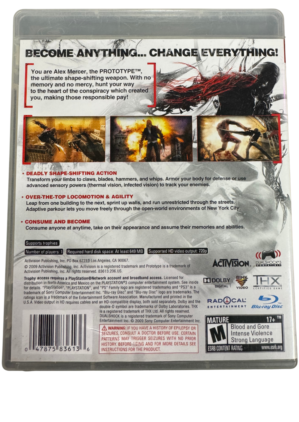 Prototype PlayStation 3 PS3 retro video game open world action featuring superhuman abilities intense combat shapeshifting gameplay city exploration powerful attacks challenging missions futuristic action adventure PlayStation 3 gaming experience collectible game collection appeal back cover art