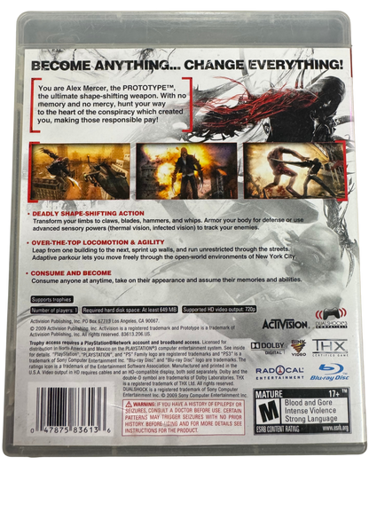 Prototype PlayStation 3 PS3 retro video game open world action featuring superhuman abilities intense combat shapeshifting gameplay city exploration powerful attacks challenging missions futuristic action adventure PlayStation 3 gaming experience collectible game collection appeal back cover art