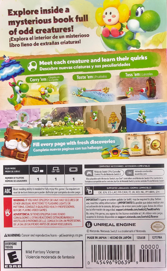 Yoshi and the Mysterious Book Nintendo Switch 2 for platforming adventure video game fans featuring Yoshi gameplay colorful worlds creative level designs platforming challenges collectibles puzzle solving charming characters and classic Nintendo action collectible gaming appeal back cover art