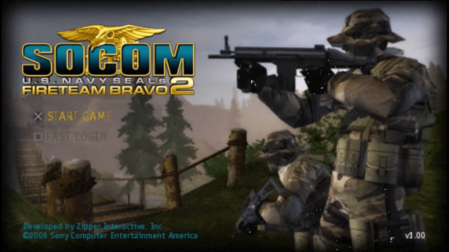 SOCOM U.S. Navy SEALs Fireteam Bravo 2 PlayStation Portable PSP video game, tactical shooter, squad-based military action, handheld console title main menu title screen