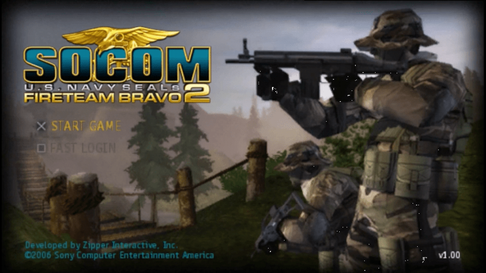 SOCOM U.S. Navy SEALs Fireteam Bravo 2 PlayStation Portable PSP video game, tactical shooter, squad-based military action, handheld console title main menu title screen