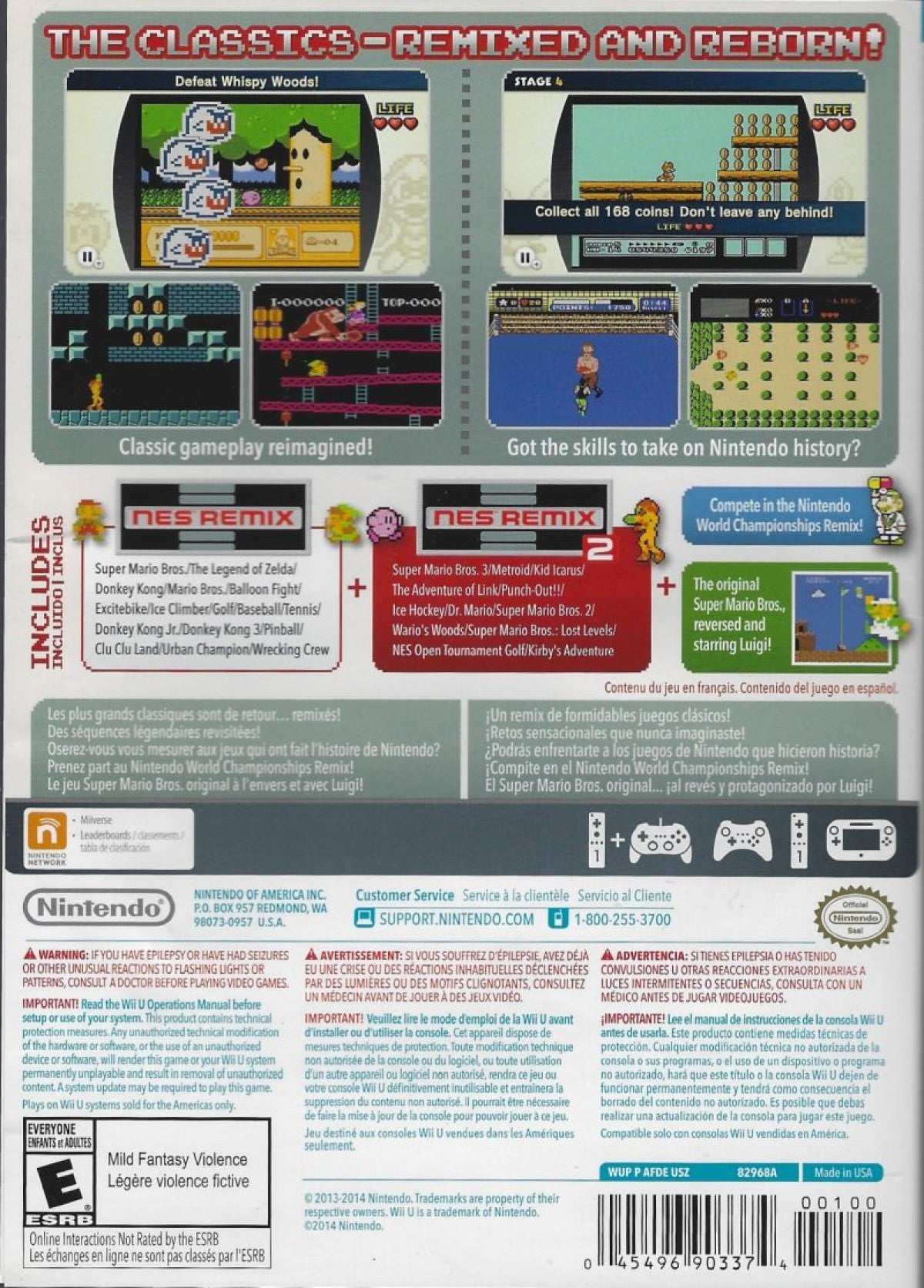 NES Remix Pack Nintendo Wii U compilation featuring NES Remix and NES Remix 2 classic Nintendo games bite-sized challenges remixed gameplay back cover art
