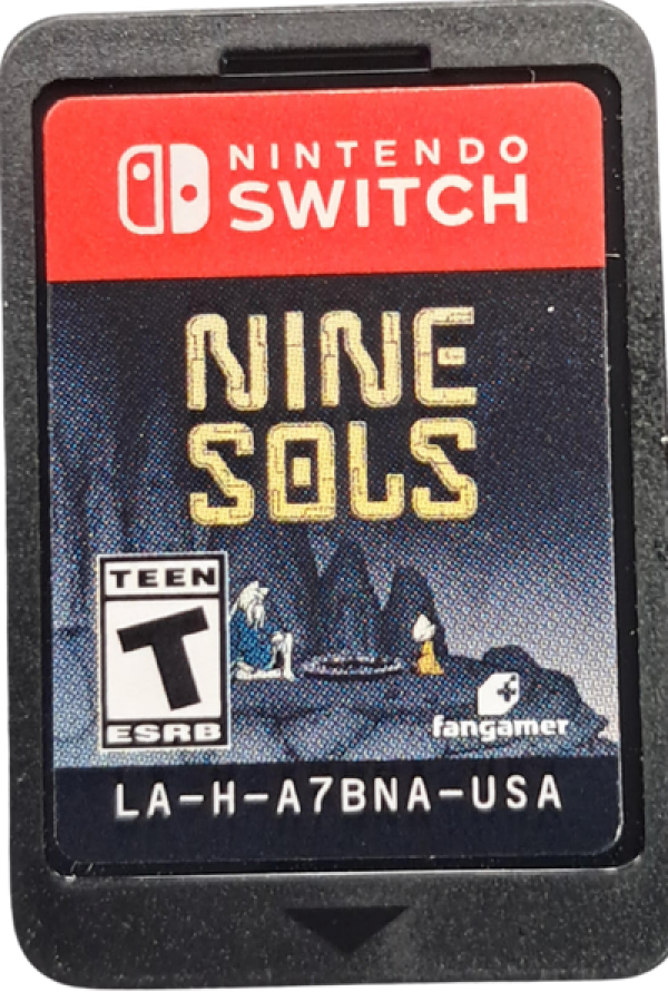 Nine Sols Nintendo Switch inspired design featuring hand drawn action platform adventure aesthetic futuristic Taopunk world precise combat challenging boss battles mystical sci fi mythology atmospheric exploration metroidvania gameplay presentation cartridge 