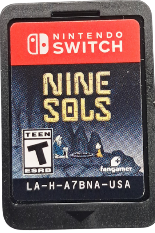 Nine Sols Nintendo Switch inspired design featuring hand drawn action platform adventure aesthetic futuristic Taopunk world precise combat challenging boss battles mystical sci fi mythology atmospheric exploration metroidvania gameplay presentation cartridge 