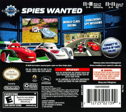 Cars 2 for Nintendo DS Disney Pixar racing adventure game featuring Lightning McQueen Mater World Grand Prix missions multiplayer challenges arcade style gameplay back cover