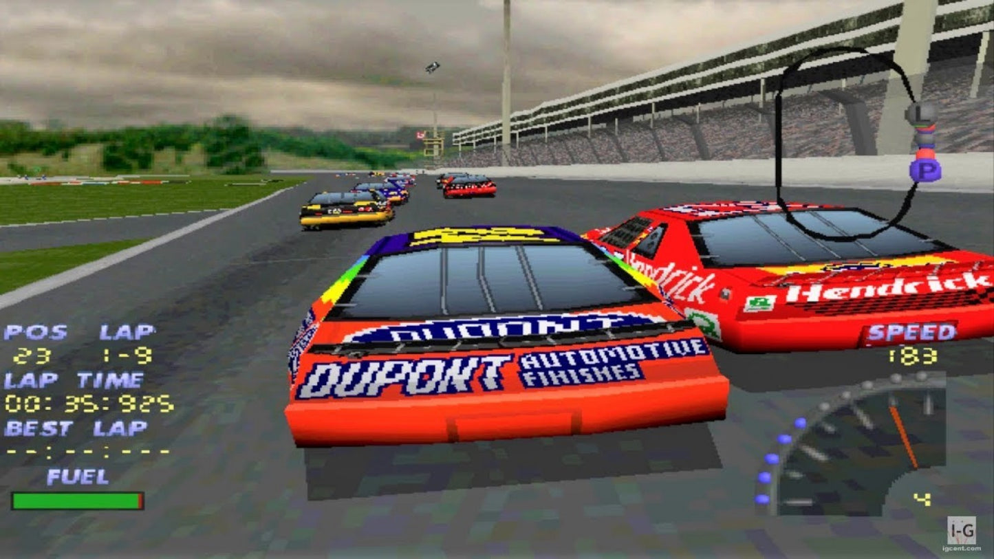 NASCAR 98 for PlayStation 1 racing sports video game featuring official NASCAR teams and drivers, realistic oval track racing, arcade and simulation modes, and classic console stock car experience gameplay