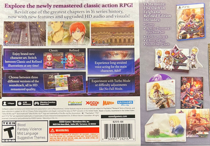 Ys Memoire The Oath in Felghana Refined Edition PlayStation 5 PS5 for action role playing video game fans featuring fast paced combat dungeon exploration challenging bosses character progression fantasy adventure remastered visuals enhanced music classic Ys gameplay and Refined Edition collectible content gaming appeal box back cover art