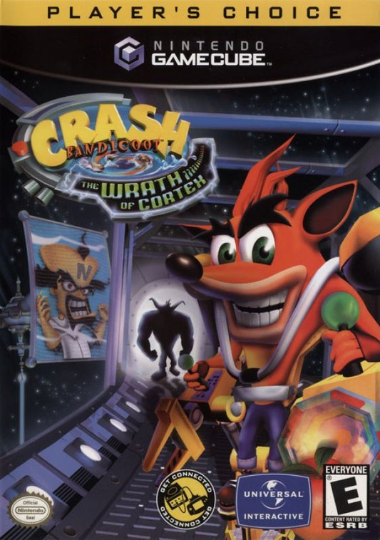 Crash Bandicoot The Wrath of Cortex Player’s Choice for GameCube, cover image for a 3D platformer video game with action-adventure gameplay, character-based levels, collectible challenges, and classic mascot platforming