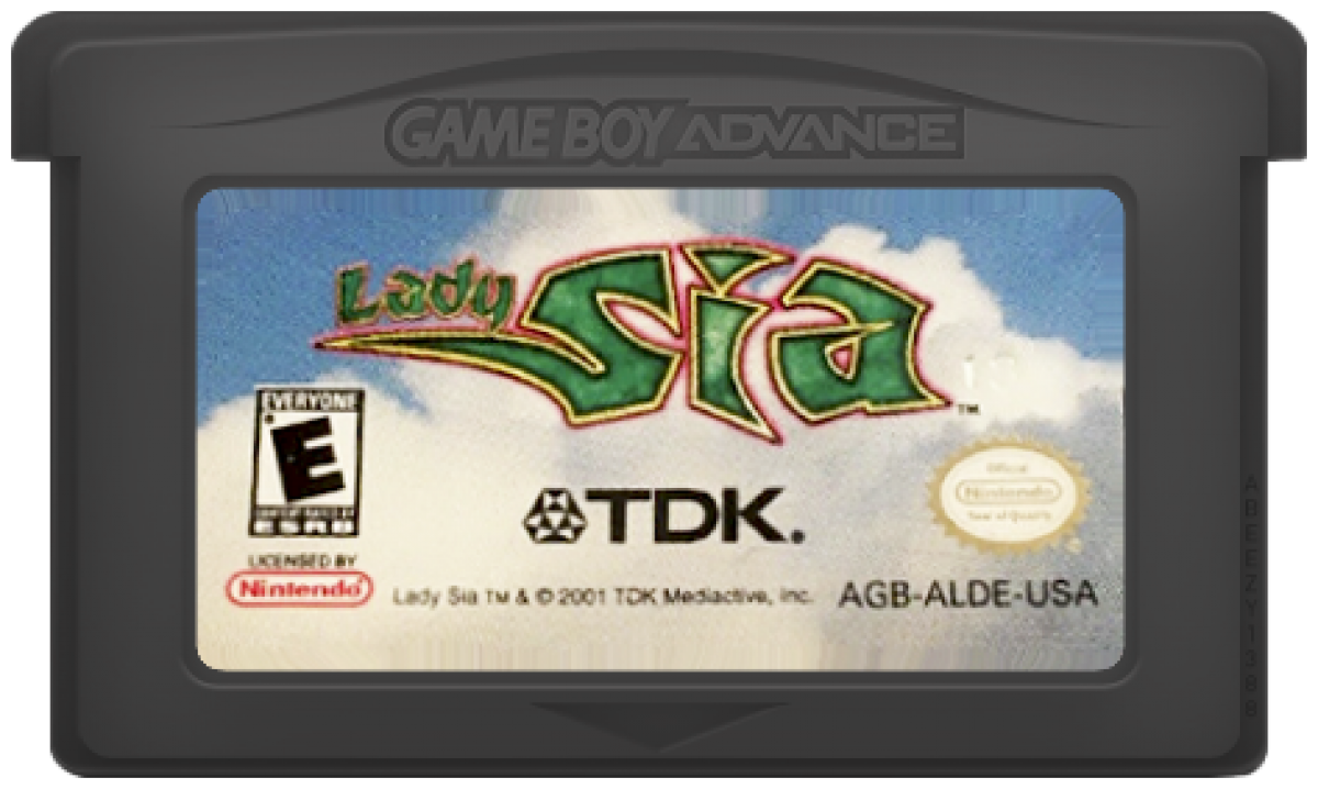Lady Sia for Game Boy Advance (GBA), cartridge for a retro video game featuring side-scrolling platforming gameplay, fantasy combat, magical abilities, challenging levels, and action-adventure exploration