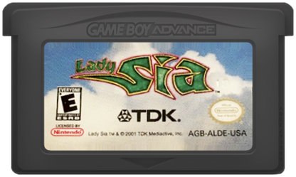Lady Sia for Game Boy Advance (GBA), cartridge for a retro video game featuring side-scrolling platforming gameplay, fantasy combat, magical abilities, challenging levels, and action-adventure exploration