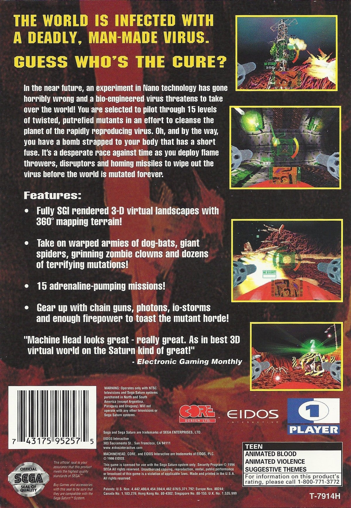 Machine Head Sega Saturn first person vehicle combat shooter hovercraft tank style gameplay sci fi futuristic battlegrounds fast paced arcade action missions weapon upgrades Psygnosis retro gaming Sega Saturn software video game title back cover art