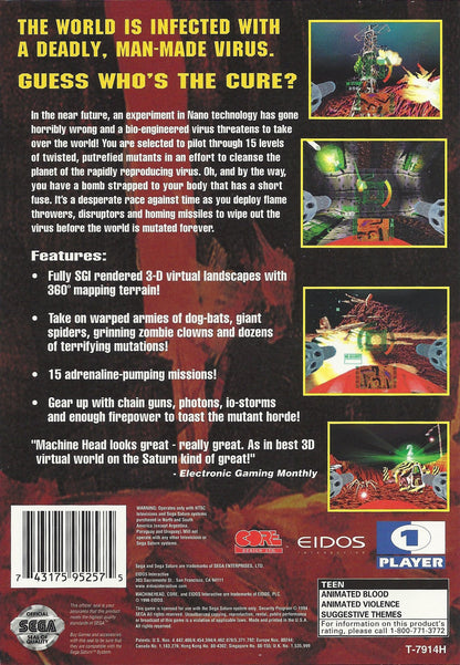 Machine Head Sega Saturn first person vehicle combat shooter hovercraft tank style gameplay sci fi futuristic battlegrounds fast paced arcade action missions weapon upgrades Psygnosis retro gaming Sega Saturn software video game title back cover art