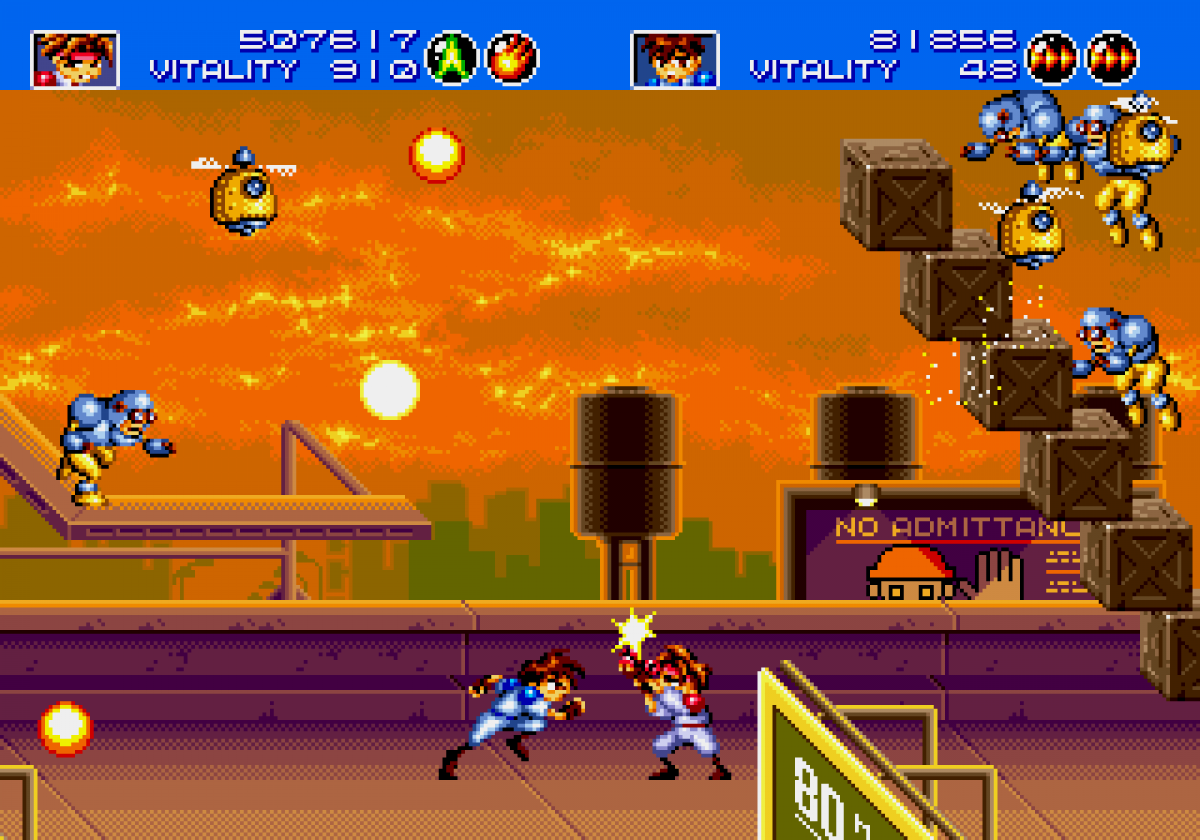 Gunstar Heroes Sega Genesis GEN for retro video game enthusiasts featuring side scrolling run and gun gameplay fast paced cooperative action explosive boss battles unique weapon combinations vibrant 16 bit visuals and collectible gaming appeal gameplay 