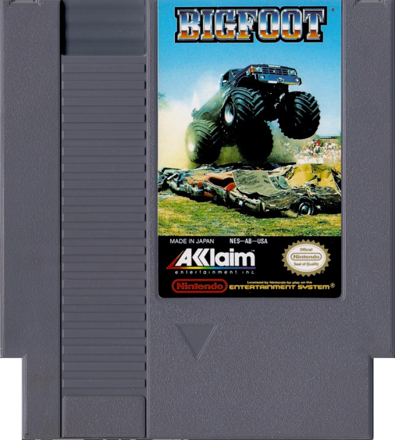 Bigfoot Nintendo Entertainment System NES for retro video game enthusiasts featuring monster truck racing gameplay off road competitions vehicle upgrades challenging tracks arcade style driving action classic 8 bit sports entertainment and collectible gaming appeal cartridge