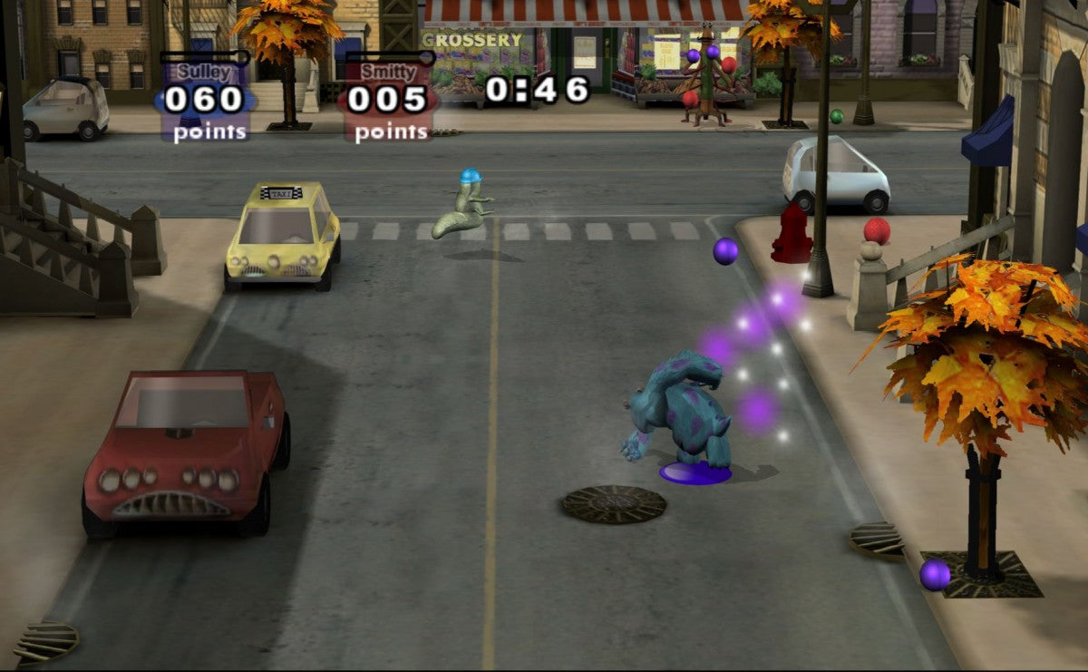 Gameplay for Monsters, Inc. Scream Arena GameCube GC video game, action party game, family-friendly, multiplayer, Pixar movie tie-in, Nintendo GameCube title