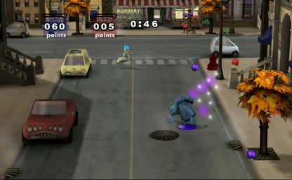 Gameplay for Monsters, Inc. Scream Arena GameCube GC video game, action party game, family-friendly, multiplayer, Pixar movie tie-in, Nintendo GameCube title