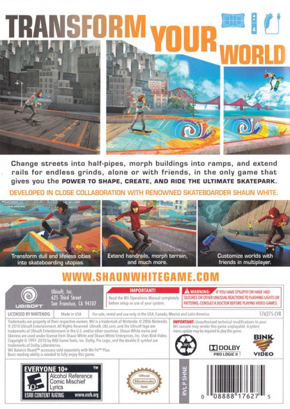 Shaun White Skateboarding – Nintendo Wii (Wii) skateboarding action sports video game back of case